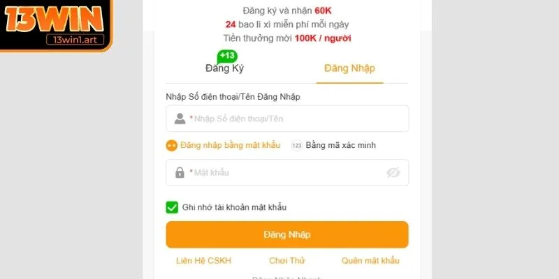 Đăng nhập trang chủ 13WIN trên PC