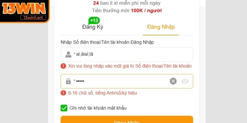 Nhập sai mật khẩu hoặc tên